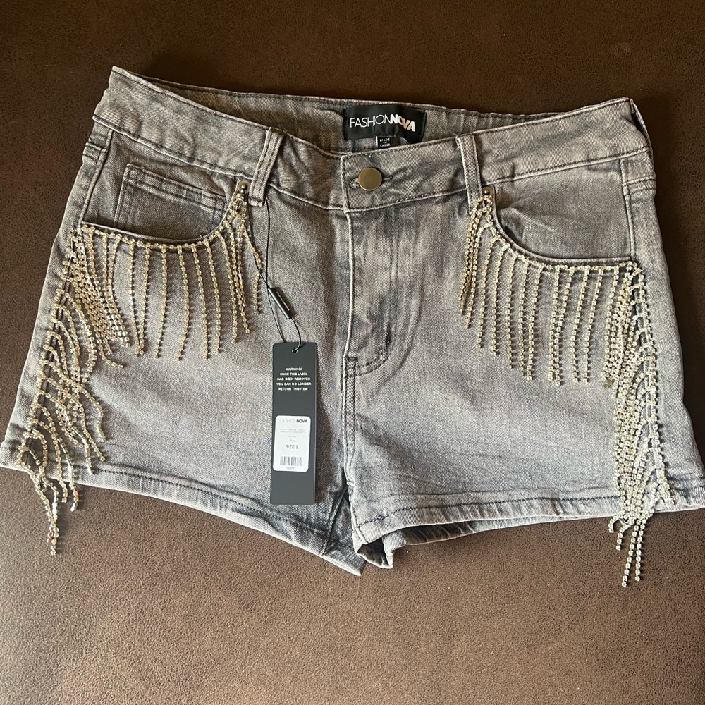 Fashion Nova Gray Denim Shorts w/rhinestone Fringe